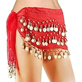 COSICS Belly Dance Hip Scarf, Women's Chiffon Belly Dancing Scarf with 128 Coins for Yoga Class