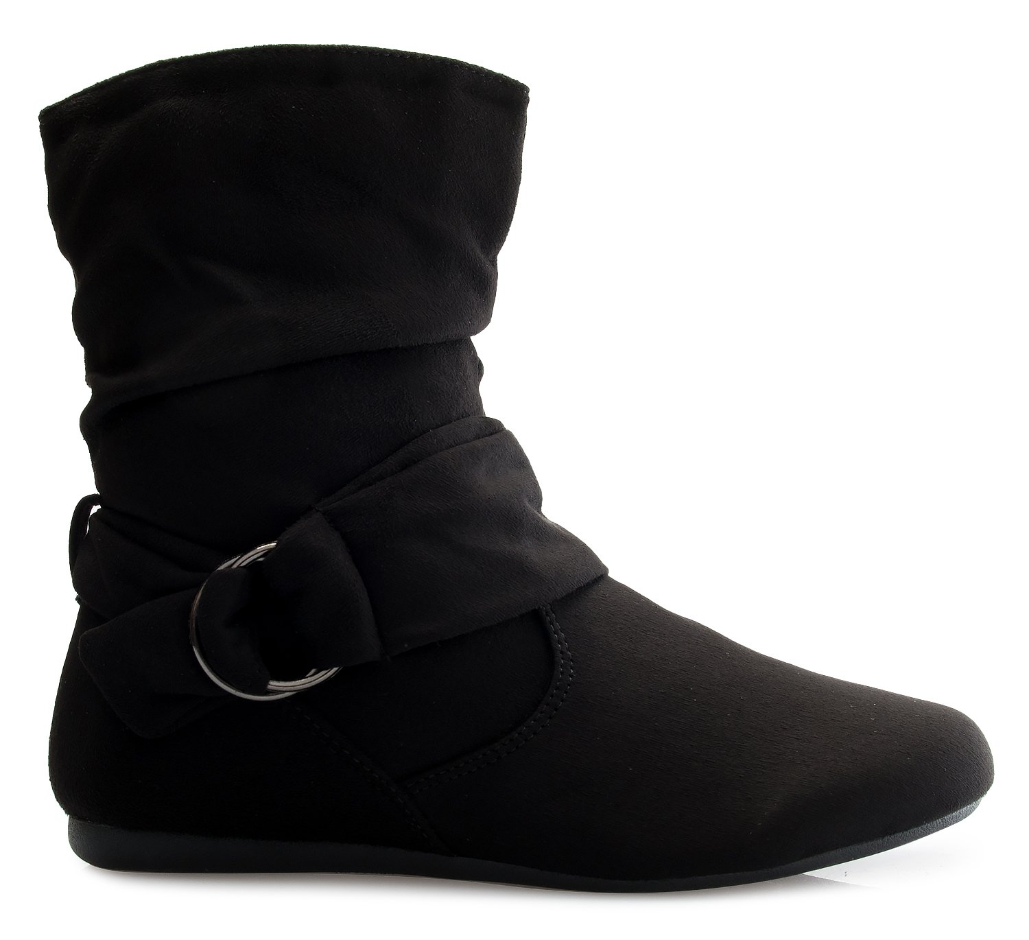 Olivia K Womens Low Heel Slouch Suede Slip On Casual Ankle Boots with Ring Buckle and Side Zipper - Image 3