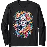 De Los Muertos La Catrina Day of The Dead Sugar Skull Women Long Sleeve T-Shirt