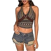 Verdusa Women's Tribal Y2k Halter Tops Boho Summer Hippie Backless Going Out Tops