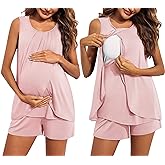 Ekouaer Women Maternity Nursing Pajama Set Breastfeeding Sleepwear Double Layer Sleeveless Top & Shorts Pregnancy PJS