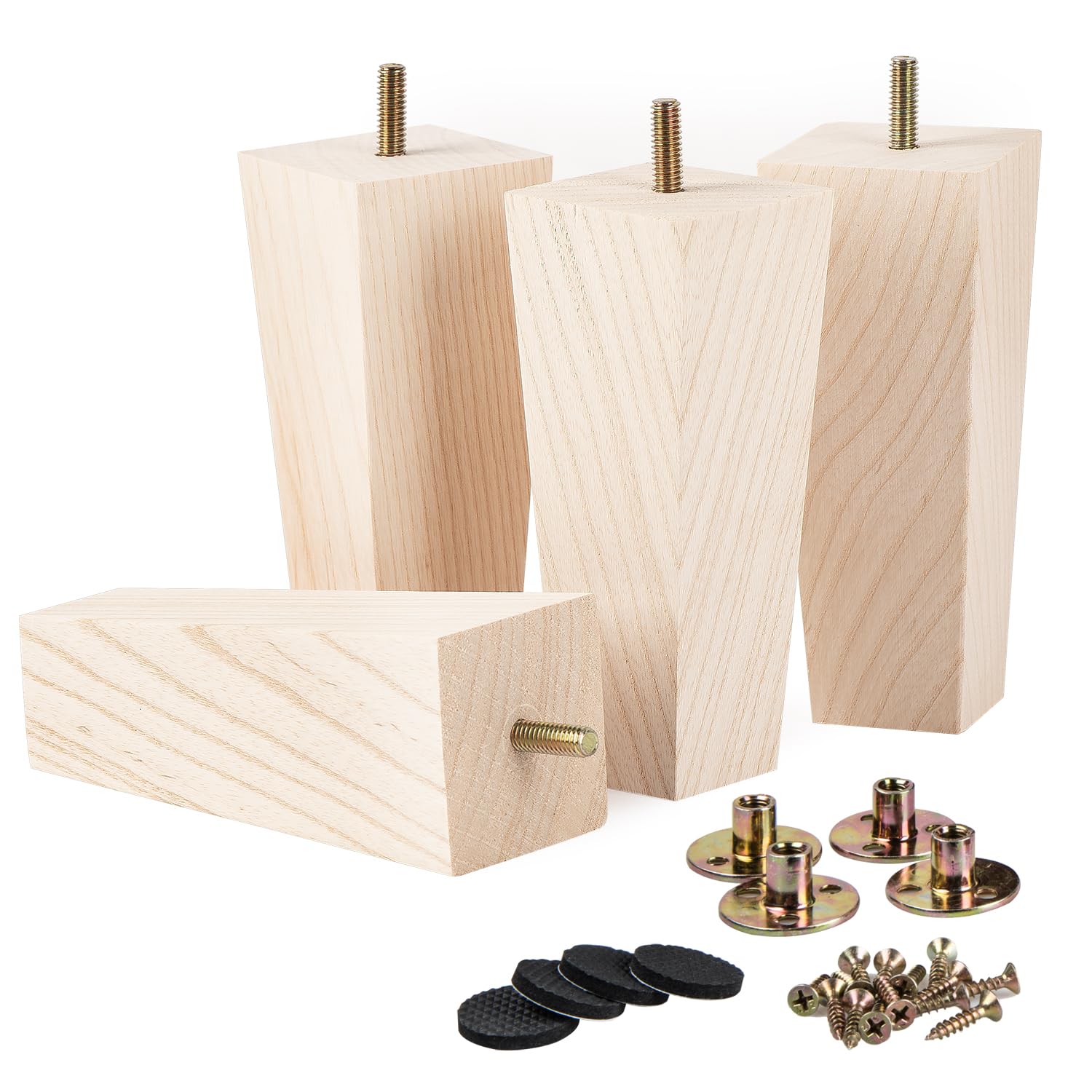 La Vane 6 Inch / 15cm Unfinished Ash Wood Furniture Legs, Set of 4 - Pyramid Shape Mid-Century Modern Replacement Feet with Pre-Drilled Bolt & Mounting Plate for Sofa, Bed, Table, Cabinet