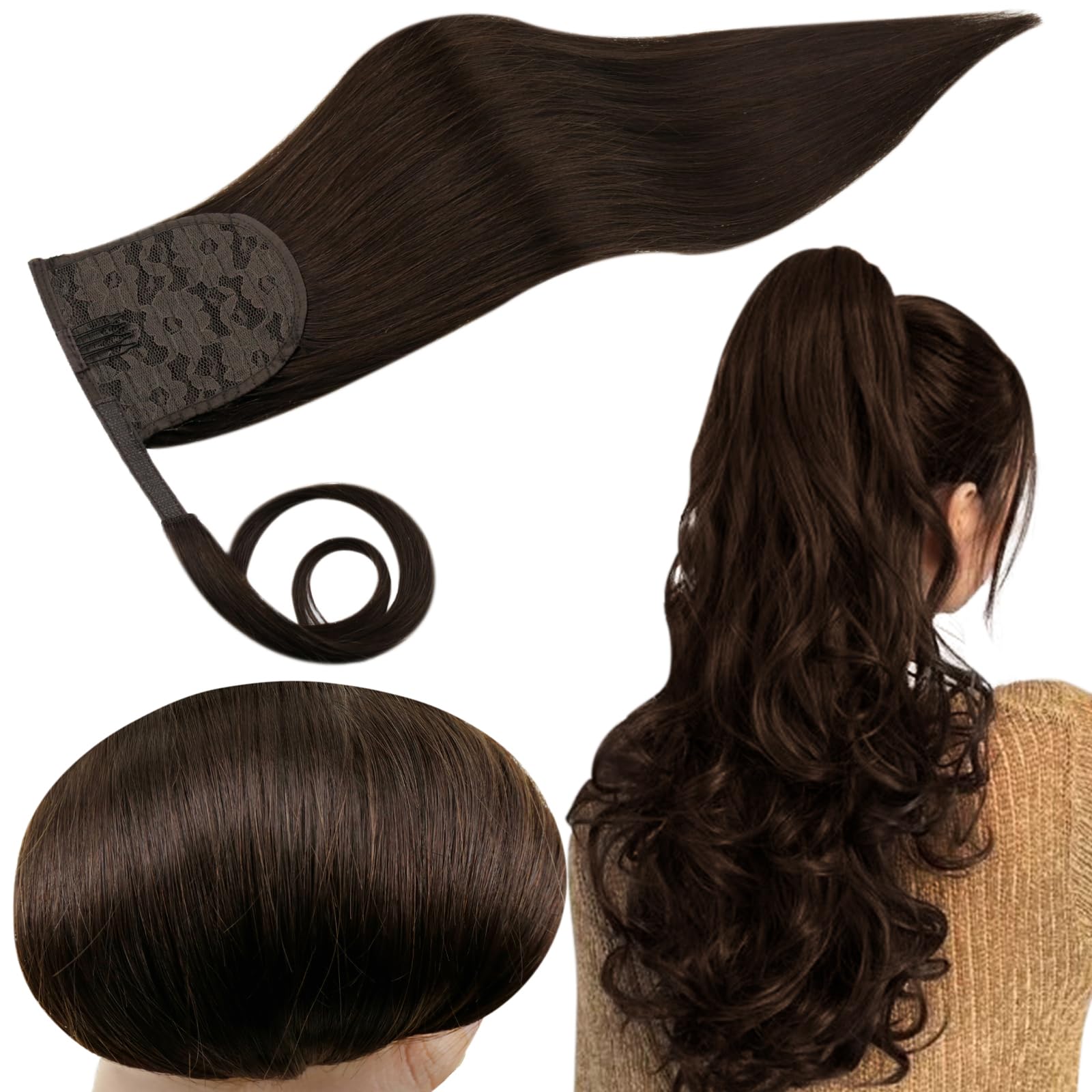 RUNATURE Dark Brown Ponytail Hair Extensions Human Hair Clip in Ponytail Hair Extensions Brown Warp Around Ponytail Extension Real Hair Straight 16 Inch 80g