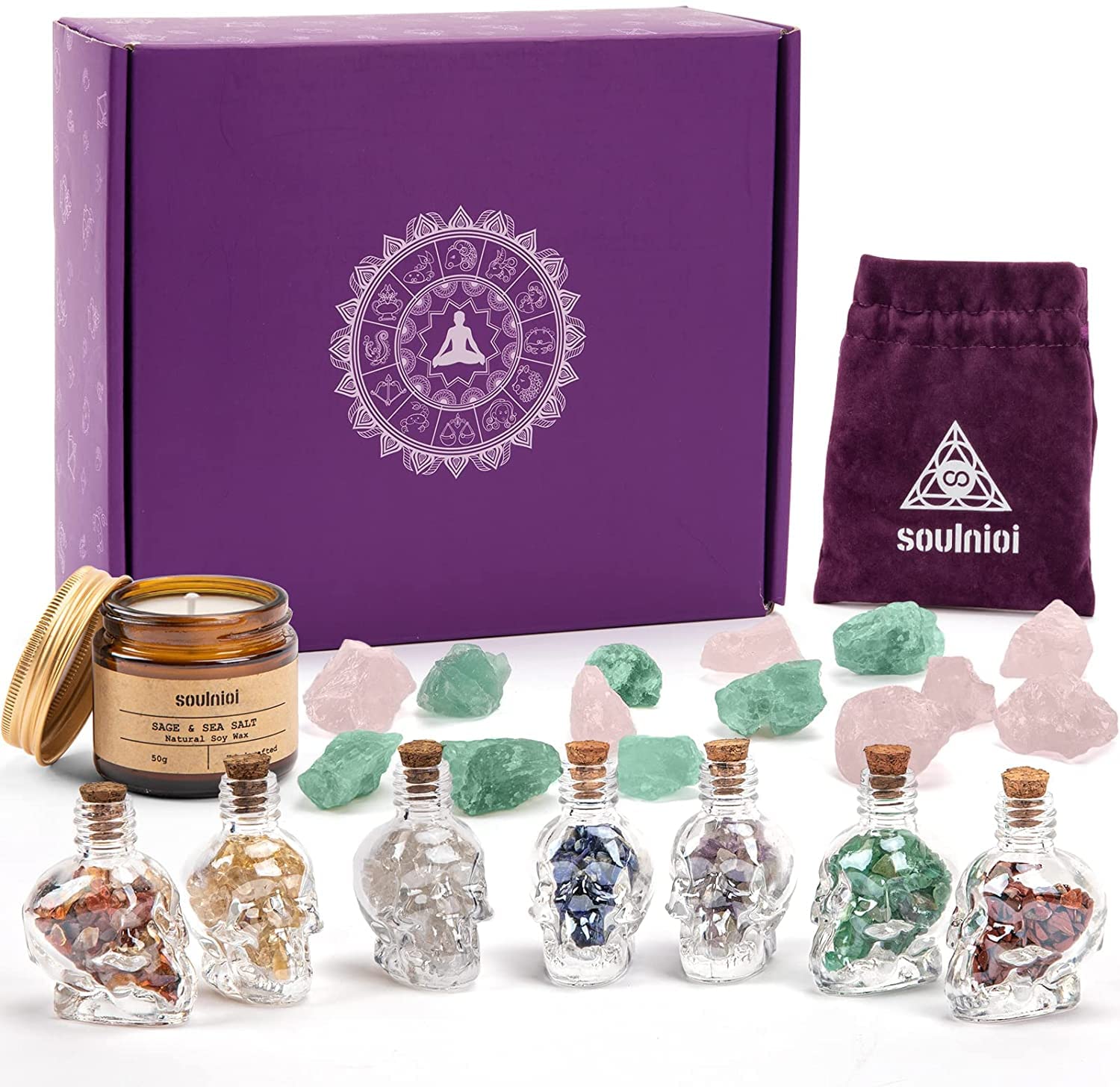 22Pcs Crystals and Healing Stones Set, 14 Raw Chakra Stones, 7 Mini Crystal Skulls, 1 Sage Candle, Witchcraft Supplies Set, Healing Crystal Gift Set for Beginners, Collection, Meditation, Yoga