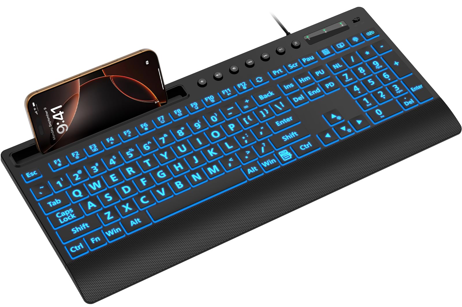 Photo 1 of SABLUTE Large Print Backlit Keyboard, USB Wired Computer Keyboard with Backlight Memory Function, Wrist Palm, 7-Color Lighted Office Home Keyboards,Light Up Keyboard for Windows Desktop, Laptop, PC