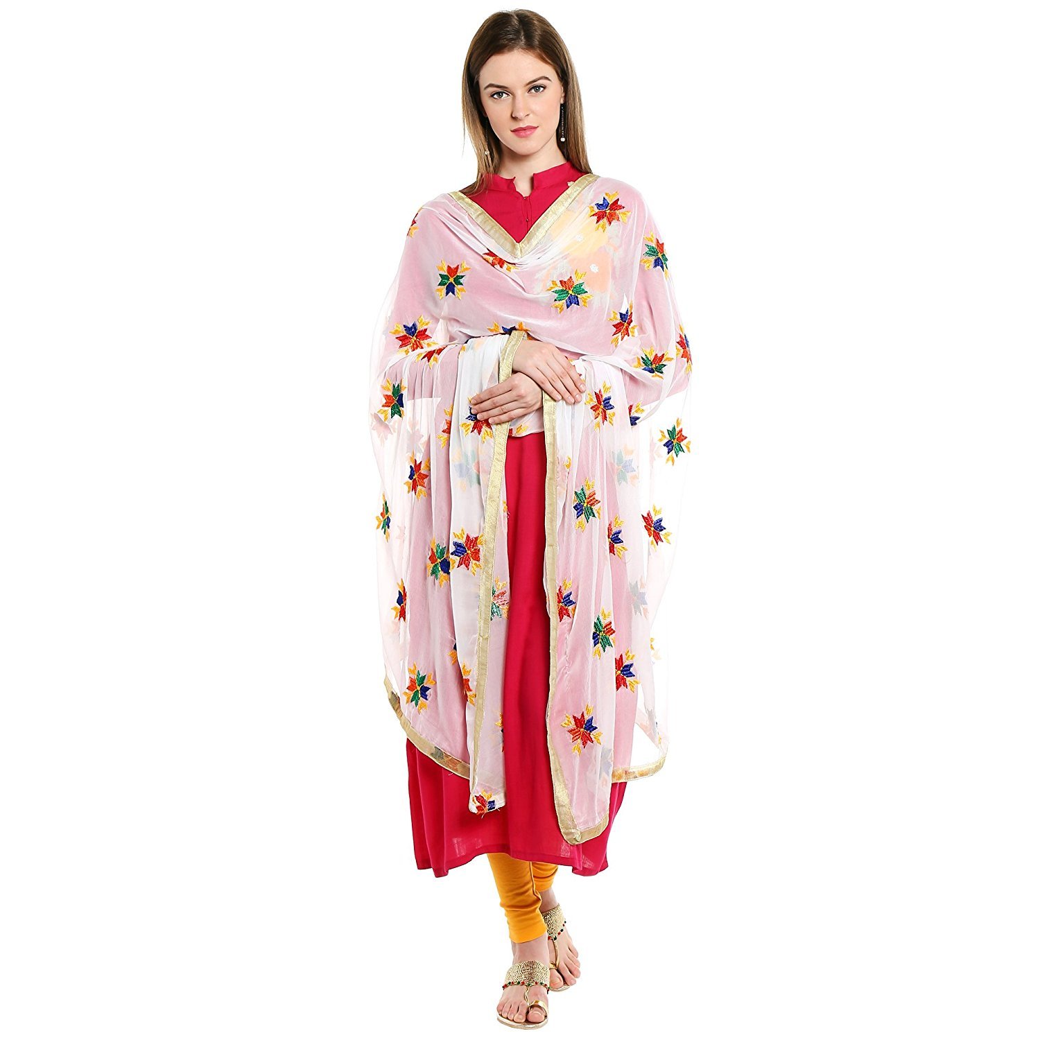 fabreca women's chiffon phulkari dupatta (white)