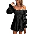Dokotoo Womens 2025 Spring Summer Dresses Elegant Off The Shoulder V Neck Long Sleeve Ruffle Flowy Mini Short Skater Dresses