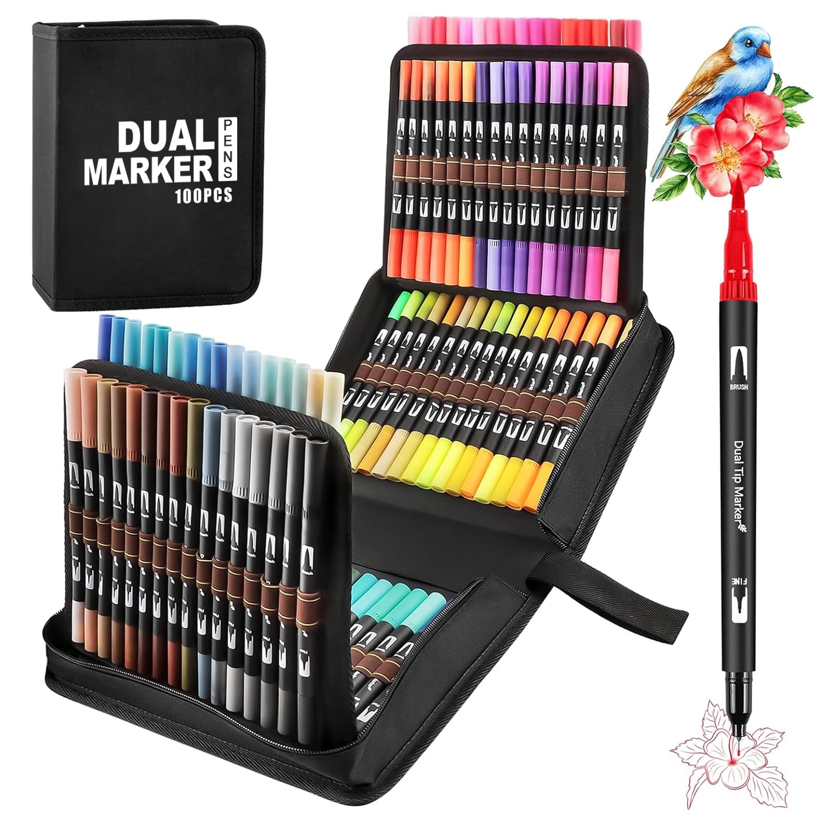Funnasting Colouring Pens, 100 Colors Dual Tip Brush Pens Art Set for Adults for Writing, Drawing, Painting, Sketching, Calligraphy, Coloring Book, Card Making