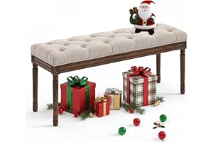 LUE BONA 44" Bedroom Bench, Fabric End of Bed Bench, Upholstered French Tufted Ottoman Bench with Carved Dark Brown Wood Legs