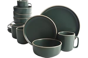 Gibson Home Zuma 16 Piece Round Kitchen Dinnerware Set, Dishes, Plates, Bowls, Mugs, Service for 4, Matte Stoneware, Green