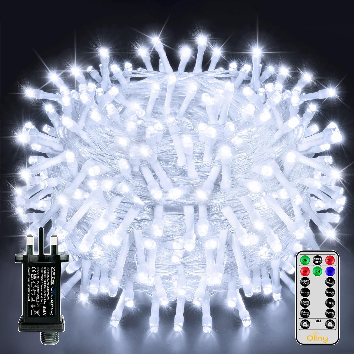 Ollny Christmas Tree Lights, 20m 200 LED Outdoor Fairy Light Mains Powered, Waterproof Cool White String Light with Plug,Remote/8 Modes/Timer, Bright Lighting Indoor/Outside/Garden/Xmas Decorations
