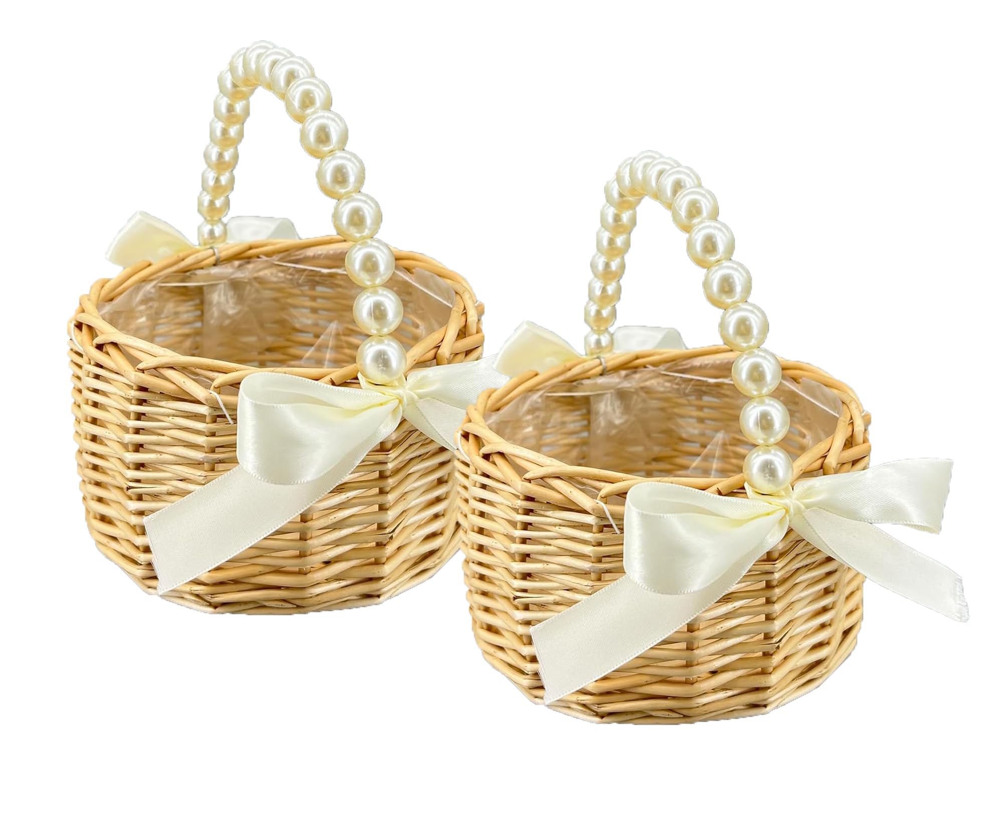 Photo 1 of BETAULIFE Wicker Rattan Flower Girl Basket with Bows 2pcs/pack,Pearl Handle Flower Basket,for Wedding and Home Decorations.