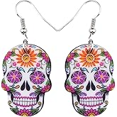 NEWEI Cute Halloween Sugar Skull Earrings Dangle Acrylic Day of the Dead Decor Gifts for Women Festival Charms