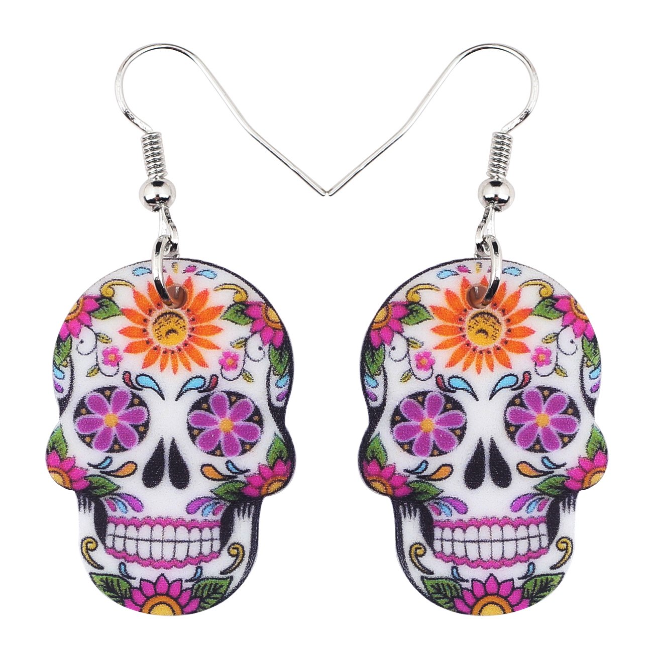 NEWEI Acrylic Halloween Floral Skull Earrings Drop Dangle Big Long Fashion Jewelry for Women Girls Gift Charms (Skull Earrings C)