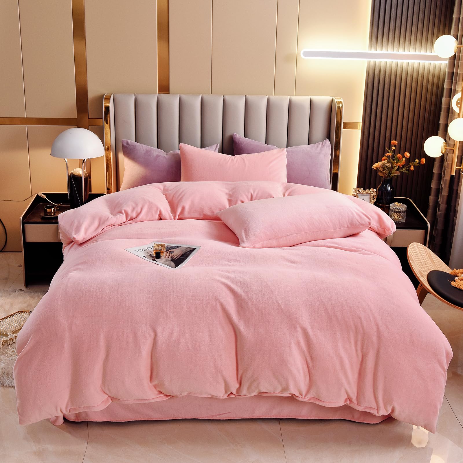 ZIQINPSQ Velvet Duvet Cover Set,Solid Flannel Comforter Cover 3Pcs Ultra Soft Fuzzy Cover with Zipper Closure Corner Tie. (Pink, King)
