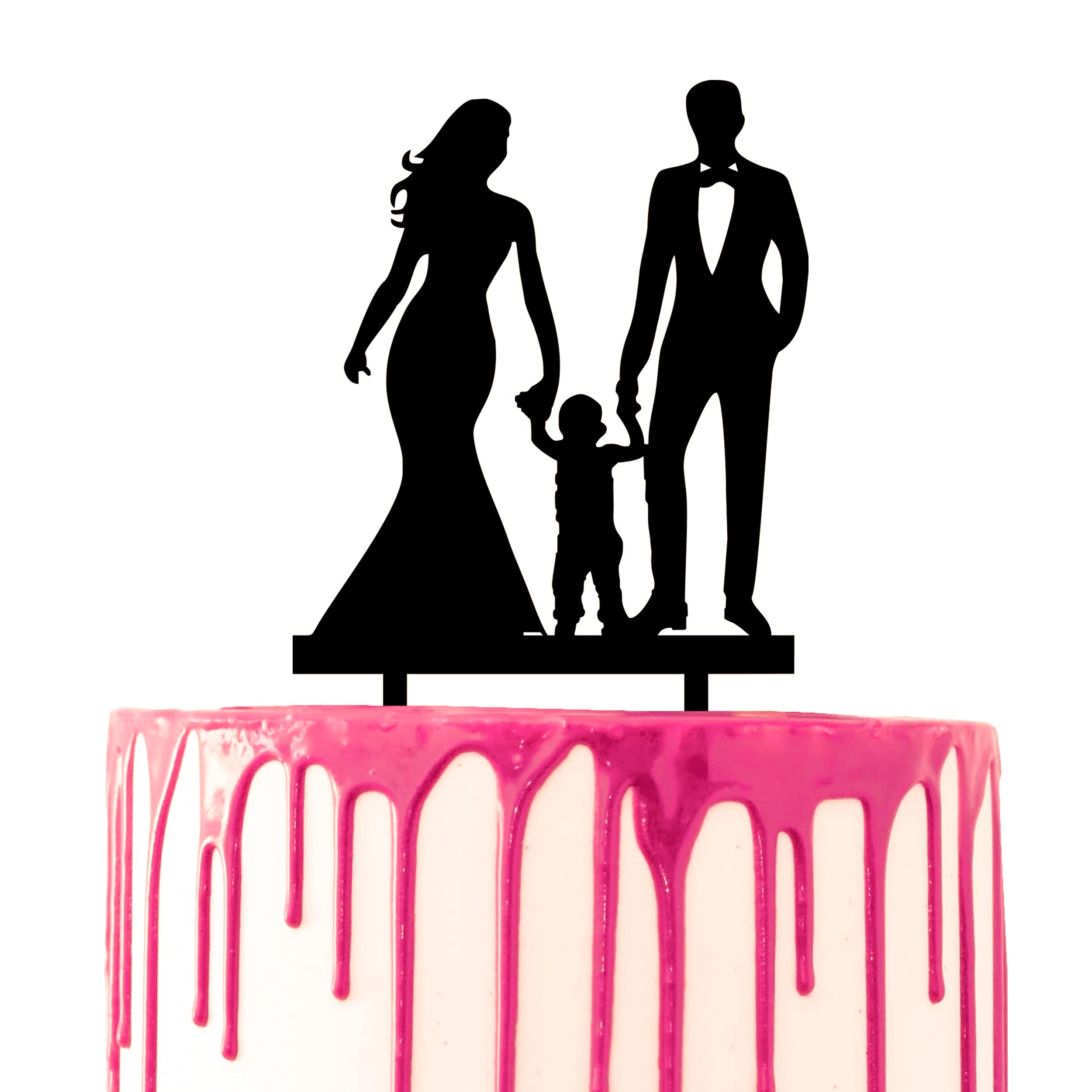 CARISPIBET Wedding Cake Topper Marriage Anniversary Cake Acrylic Silhouette Decorative Couple holding hands with son