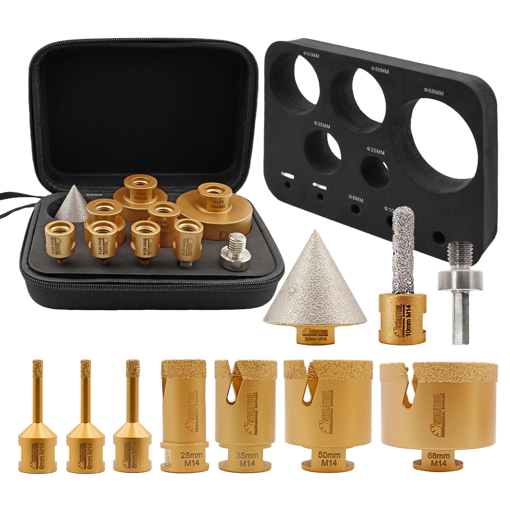 SHDIATOOL Diamond Core Drill Bit Set - 10pcs (6/6/8/25/35/50/68MM+10mm Curved Finger Milling Bit+50mm Beveling Chamfer Bit+Hex) Hole Saw Kit Tile Drill Bits for Porcelain Ceramic Marble M14 Thread