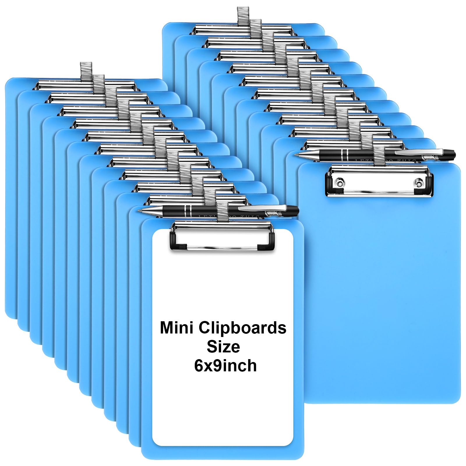Photo 1 of Qilery 24 Pcs Bulk Mini Clipboards with Pen Holder Clip A5 Memo Clipboard 6x9 Small Plastic Clip Boards for School Office Restaurant Cafe Hotel Shopping List, Pen Not Included, Blue