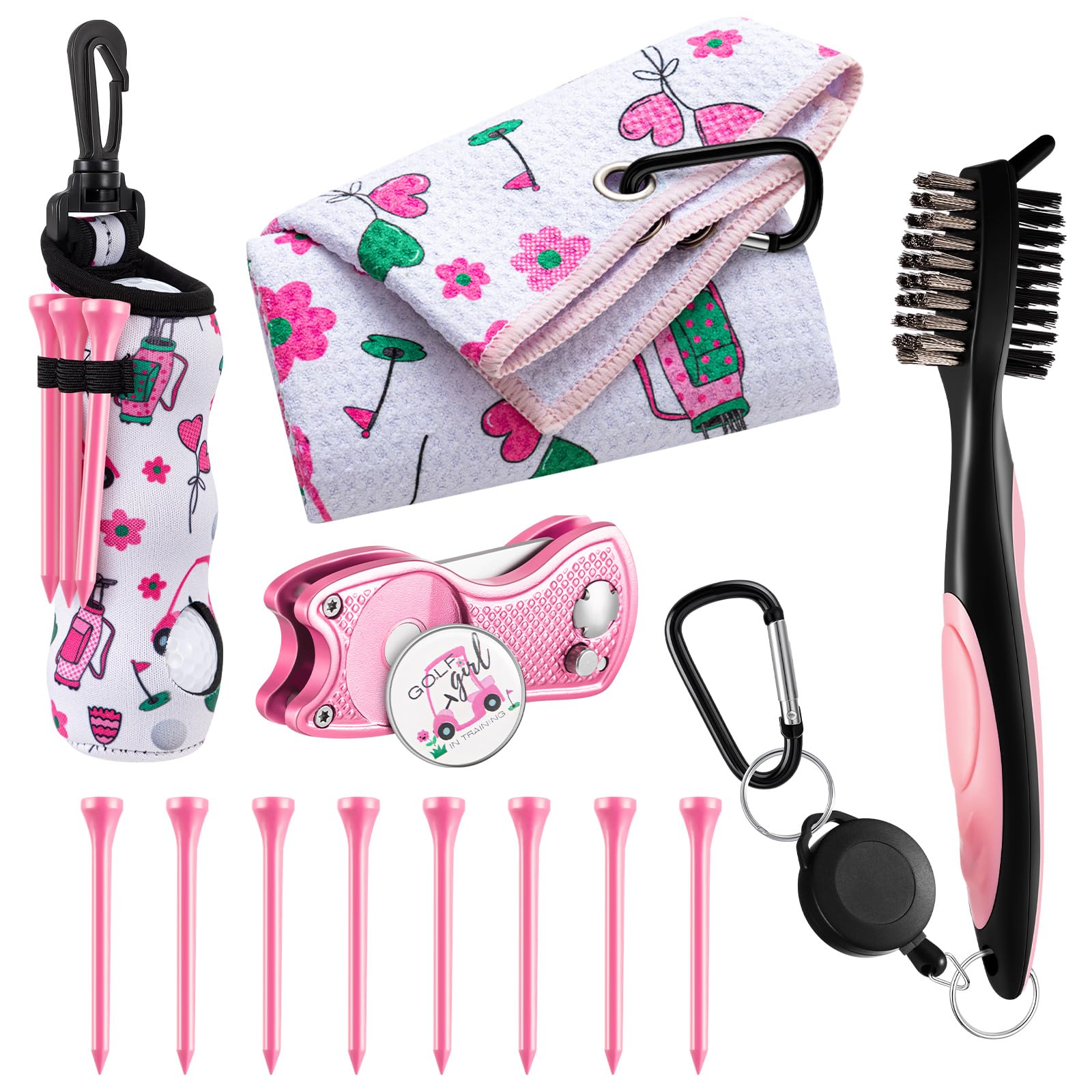 Photo 1 of Liliful 13 Pcs Pink Golf Accessories Kit with Cute Pattern, Include Golf Ball Bag with Hook Towel Tees Magnetic Ball Marker Divot Tool Cleaner Brush for Women Girls Gifts