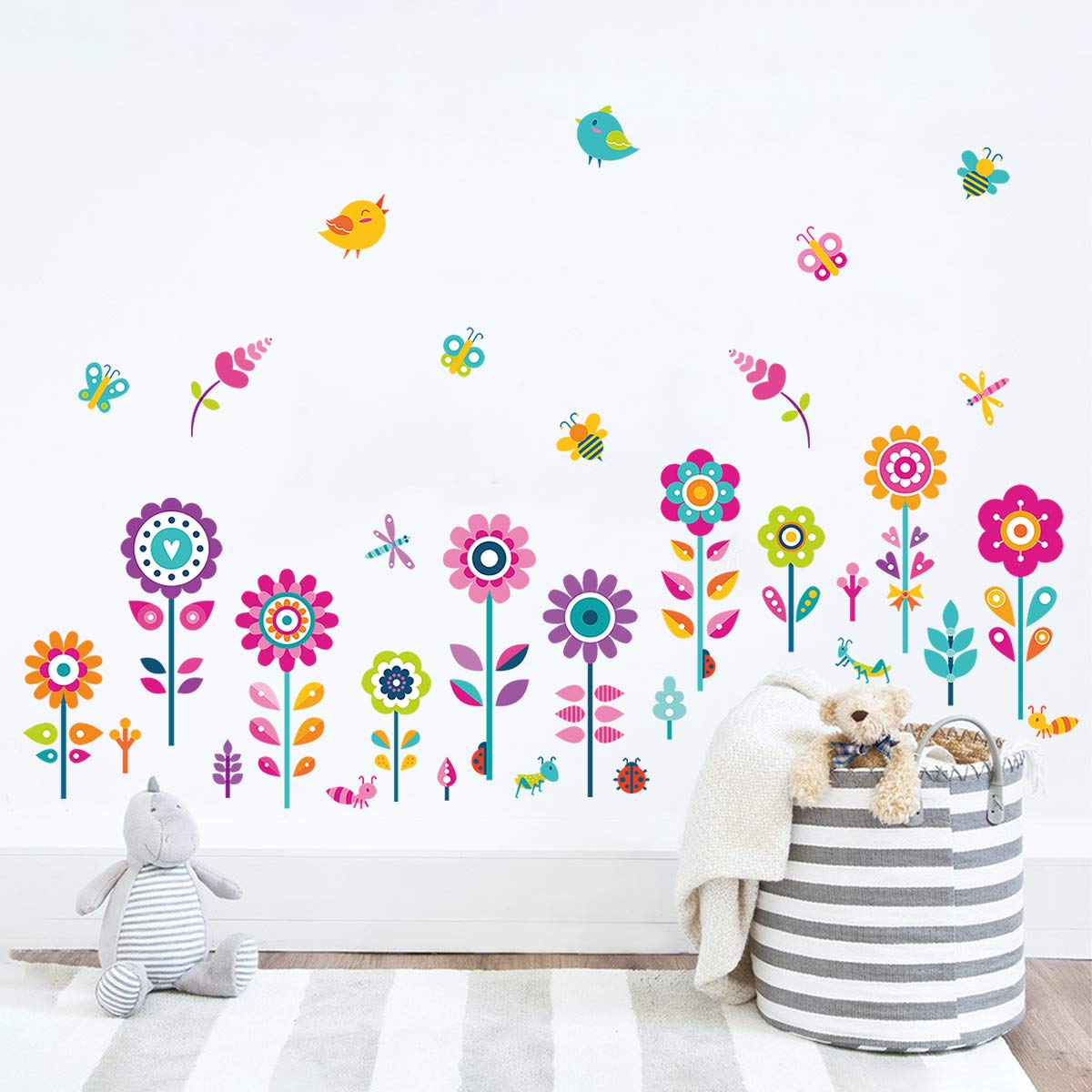 decalmile Garden Flower Wall Corner Decals Butterflies Floral Baseboard Skirting Line Wall Stickers Baby Nursery Kids Bedroom Classroom Wall Decor