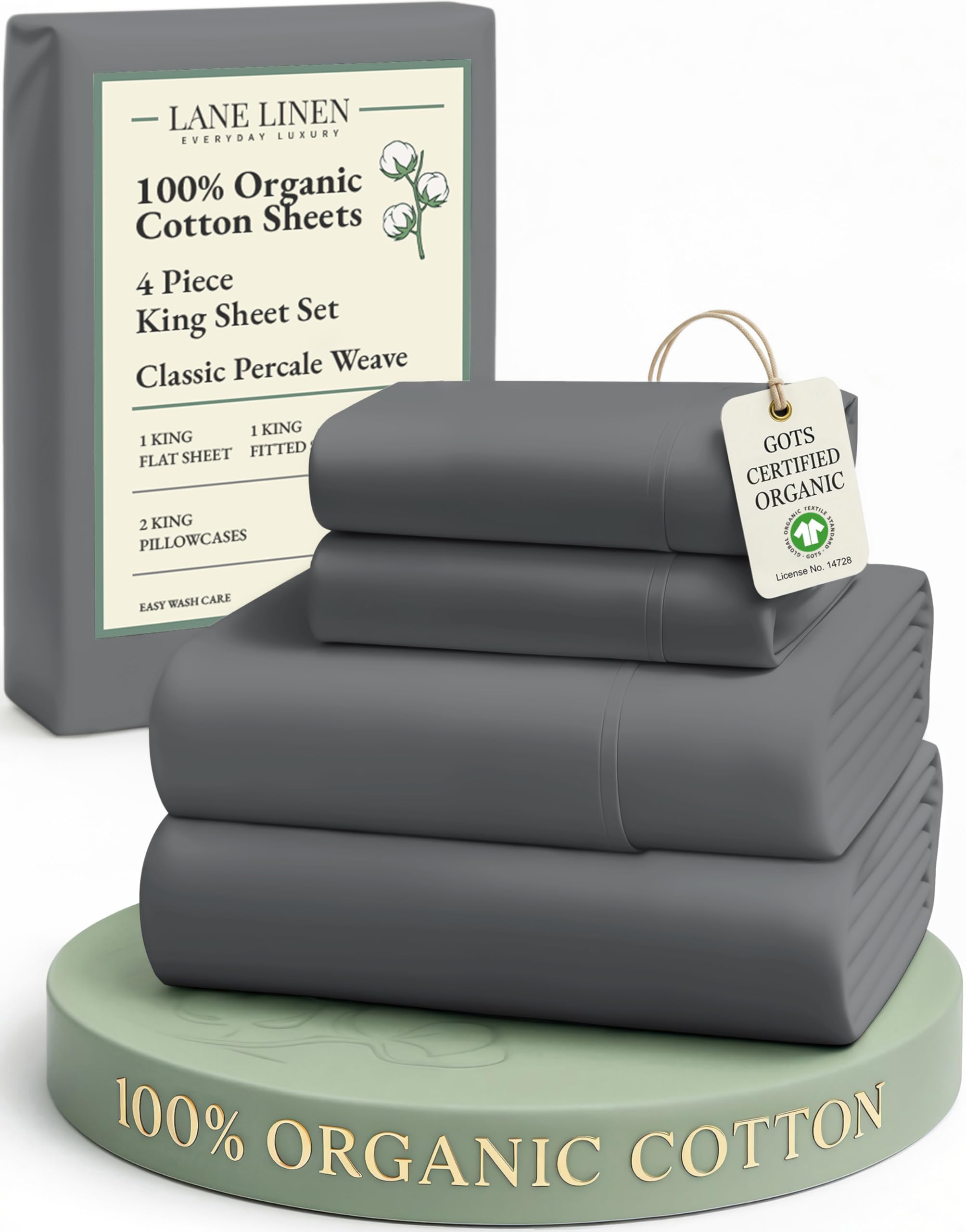 LANE LINEN King Sheets 100% Organic Cotton 4pc Percale Cooling Soft - White