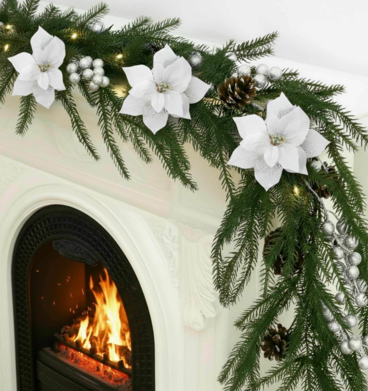 Photo 1 of Syhood 1 Pack 6ft Prelit Christmas Garlands with Lights, Norfolk Pine Garland with White Poinsettia, Berries Pinecones, Real Touch Cedar Battery Powered Garland for Mantle Fireplace Stairs Table Decor