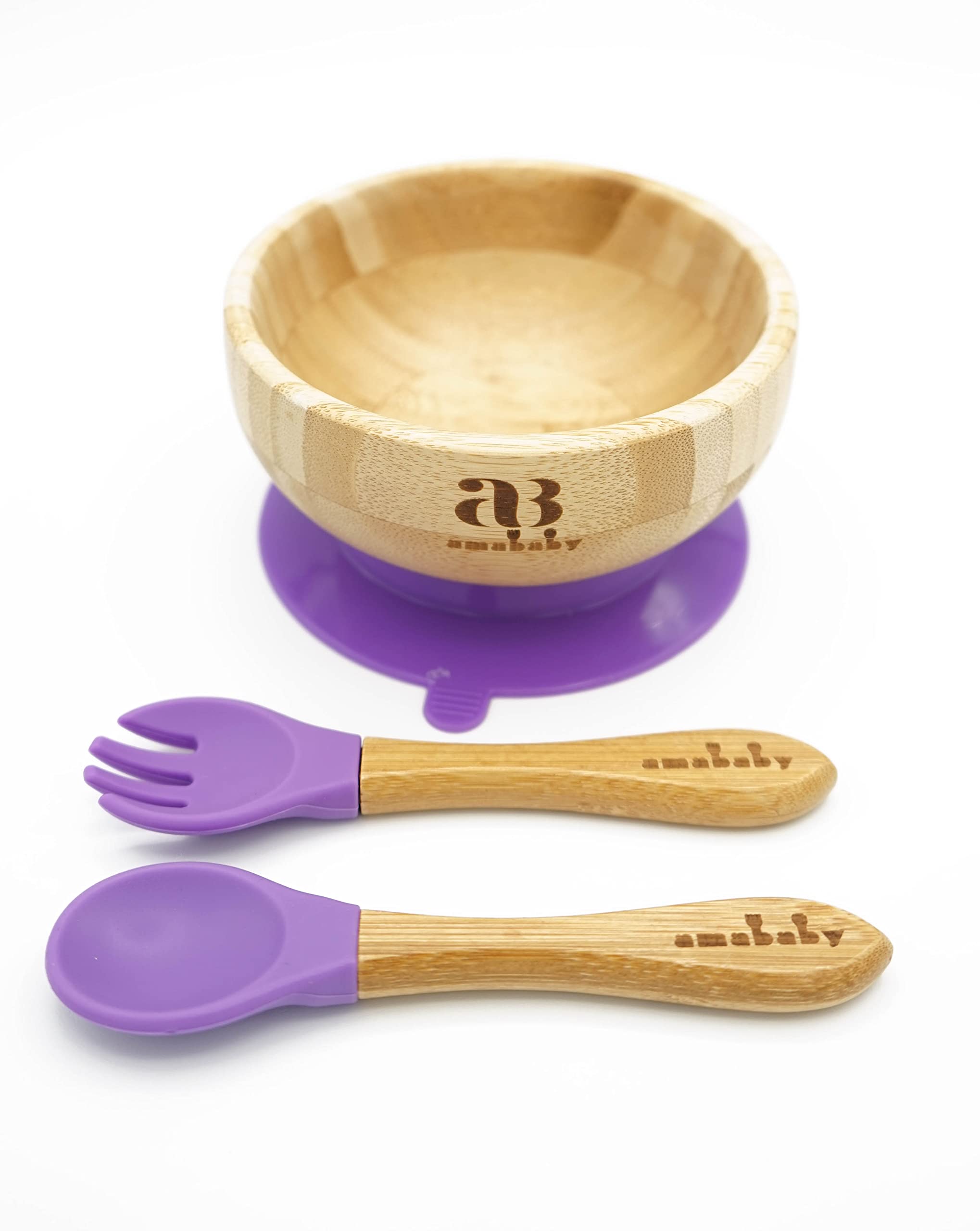 Amonev Bamboo Baby Bowls with Suction Spoon and Fork Set. Bowls Secure in Place Making Mealtime a Joy Natural Bamboo BPA Free Bowl is Also Easy to Clean (Purple)