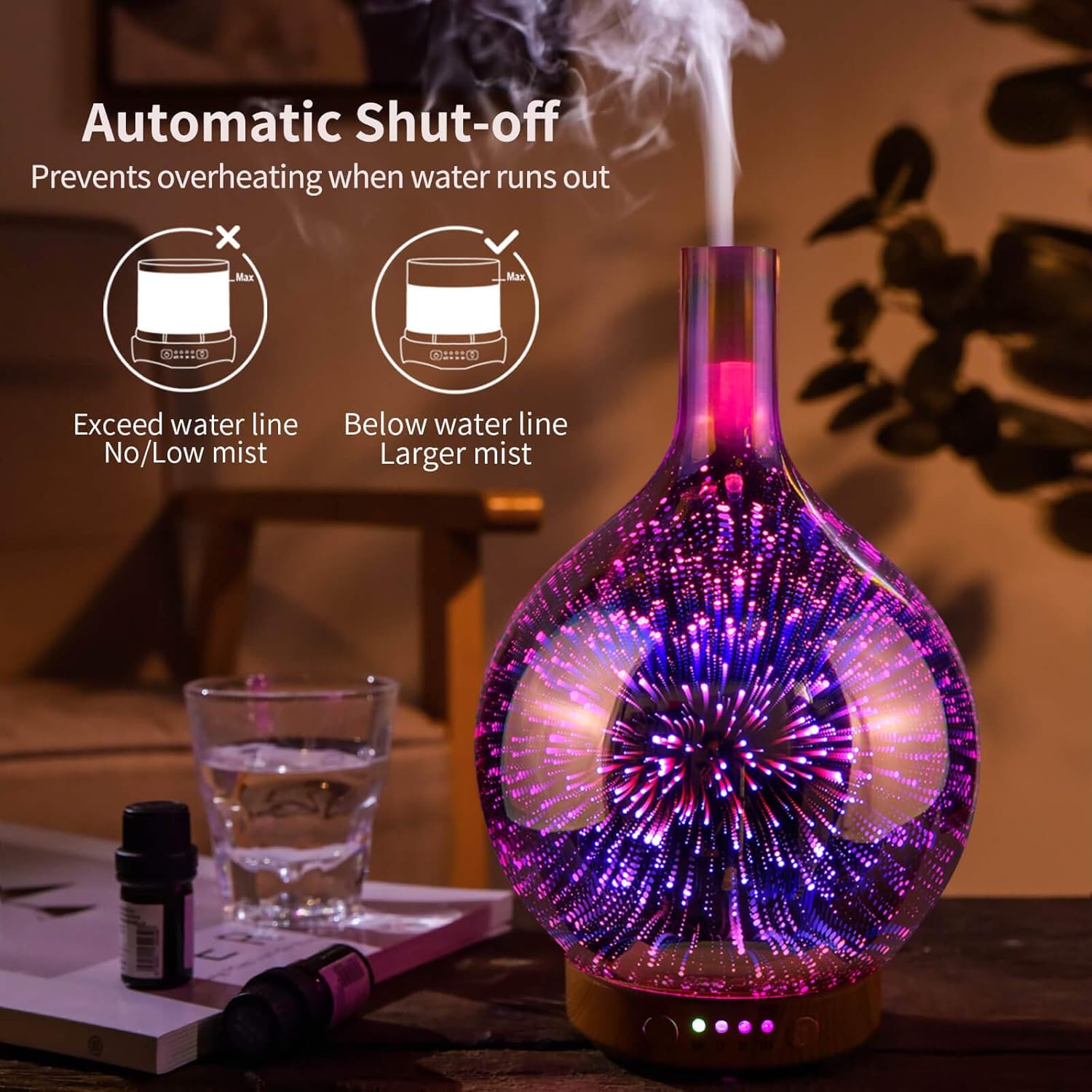 Rose Gold Essential Oil Diffuser 3D Glass Aromatherapy Ultrasonic Humidifier,Waterless Auto-Off,Timer Setting, BPA Free,air Refresh for Home Hotel Yoga Leisure SPA Gift 100ml: Home & Kitchen