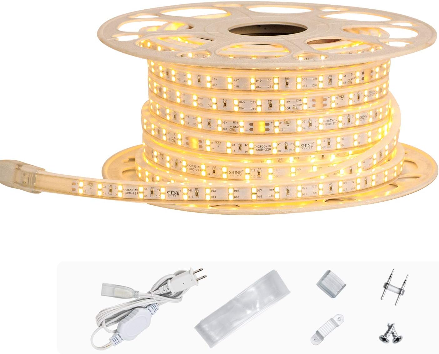 Shine Decor AC 110V-120V LED Strip Light 50FT, Dimmable Double Row Cold-Resistant Minus 13F Cuttable Rope Lights, 3000K Warm White IP65 Waterproof Indoor Outdoor String Lighting Decoration(7x15mm)