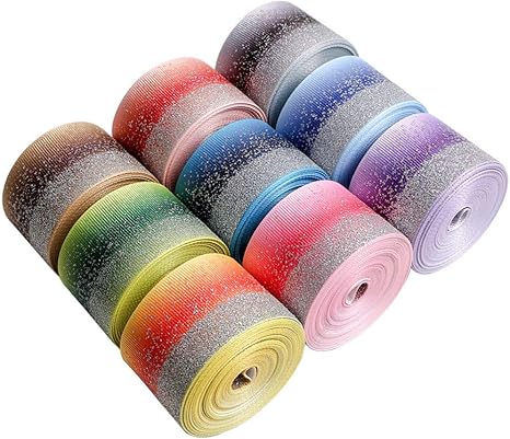 Amazon Exceart 5ヤードサテンリボングラデーションリボンキラキラレインボーキラキラポリエステルグログランリボンdiyヘアボークリップアクセサリー結婚式の家の装飾 裾上げテープ 通販