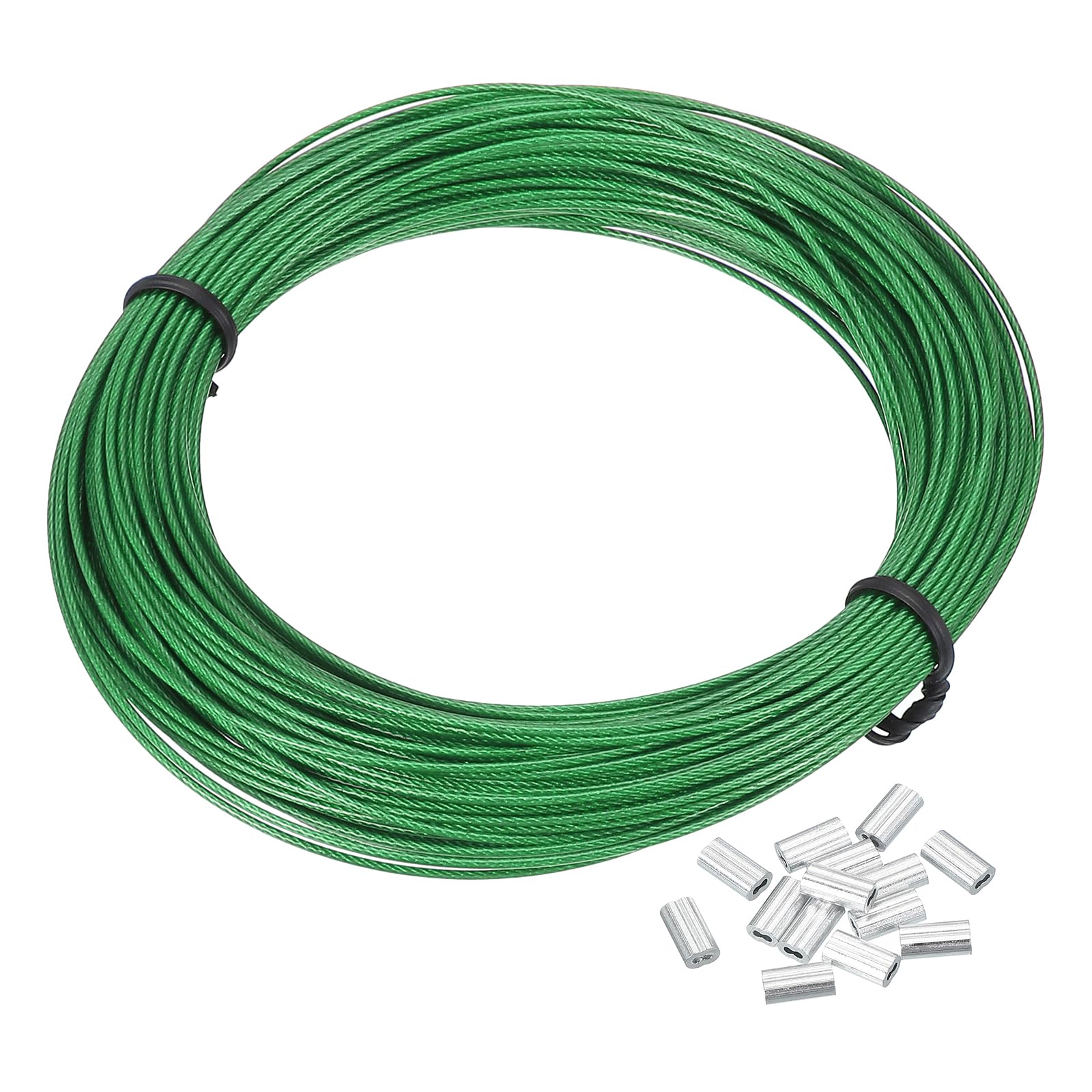 Photo 1 of PATIKIL 1/32" Wire Rope, 66 ft 304 Stainless Steel Wire Cable Black Vinyl Coated with 20pcs M1 Crimping Sleeves for Hanging Lights Clotheslines Trellis Wire, Green