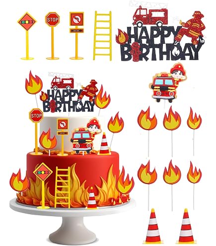 "Fire Truck 5th Birthday" Cake Topper - Red Glitter, Firefighter Theme Decoration For Boy's Party - View #4