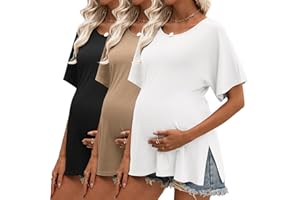 Riyiper 3 Pack Women's Maternity Tunic Shirts Cotton Summer Pregnancy Clothes Loose Oversized Split Side Blouse Tops