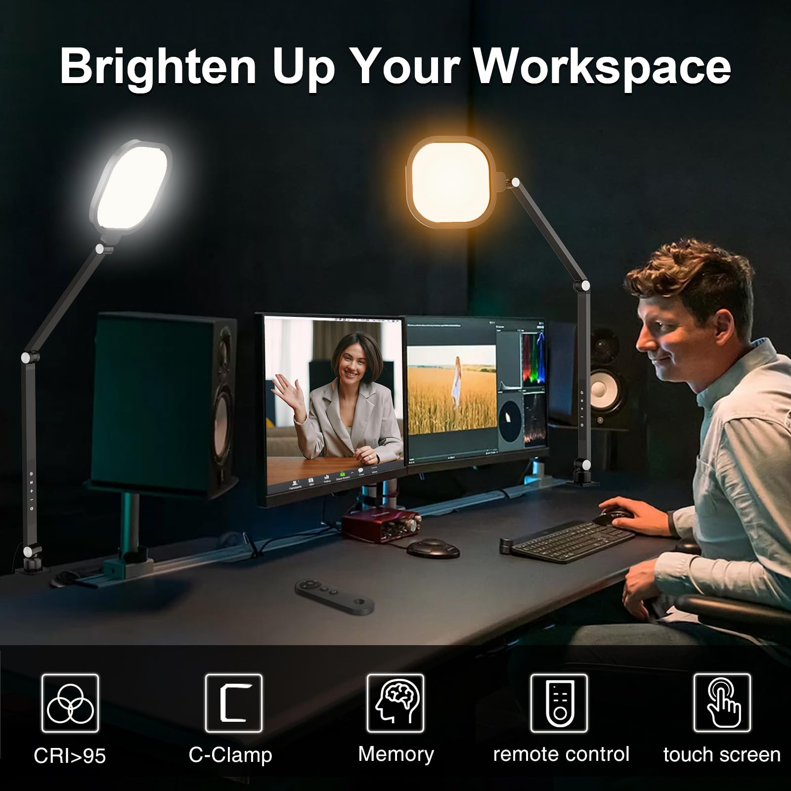 LitONES Video Conference Lighting for Computer, Dimmable Light for Video Recording, Meeting, Laptop & Webcam, 15W Ring Light for Desk with C- Clamp, Swing Arm, Remote, Memory & Timer CRI >95