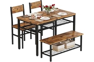 AWQM 4 Pieces Kitchen Table Set, Industrial Dining Table with 2 Chairs and Bench, Storage Racks, Space-Saving Table Set for Small Space, Apartment, Living-Room, Restaurant, Vintage Brown