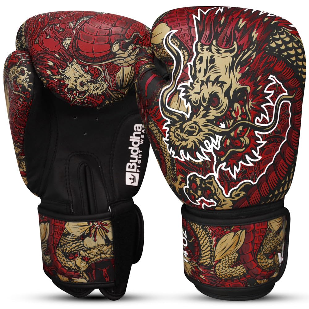BUDDHA FIGHT WEAR Red Dragon Boxing Gloves Designed for Training and Sparring in Muay Thai Kickboxing Fitness - Men and Women - 300ml