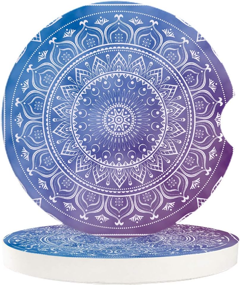 Absorbent Car Coasters for Cup Holders Indian Ombre Mandala Floral, Small 2.56inch Ceramic Stone Drink Coaster for Women Men, Purple and Blue Abstract Ethnic Art Set of 2 Pack