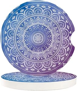 Absorbent Car Coasters for Cup Holders Indian Ombre Mandala Floral, Small 2.56inch Ceramic Stone Drink Coaster for Women Men, Purple and Blue Abstract Ethnic Art Set of 2 Pack