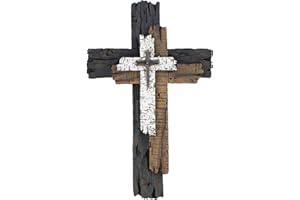 Top Brass Decorative Wall Cross - Rustic Multi Layered Weathered Wood Look Spiritual Art Sculpture