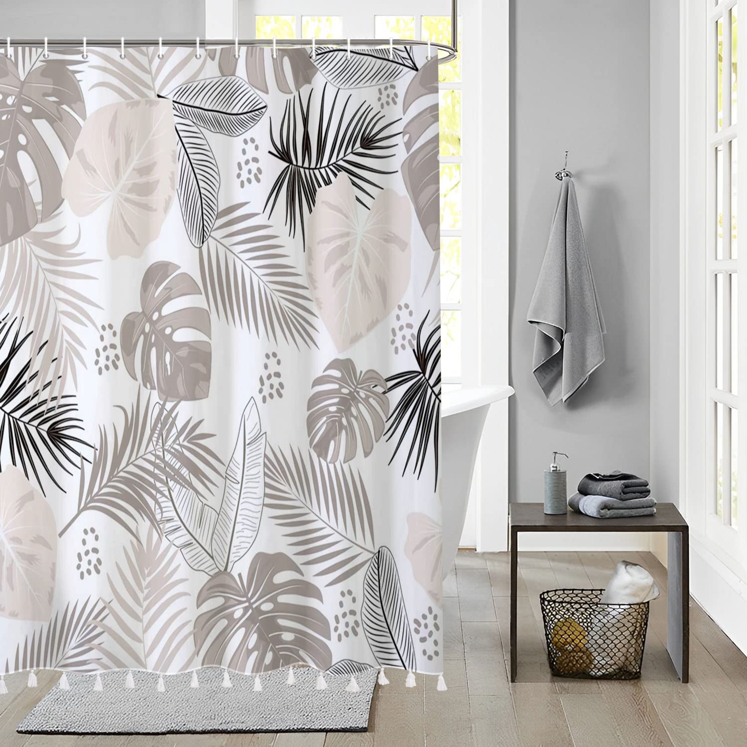 Bovlleetd Bohemian Bathroom Curtain Waterproof Abstract Art Shower Curtain with Tassel Mid-Century Tropical Plant Shower Curtain with Tassels Washable Bathtub Decorative Curtain with Hook 71x79inch — image 1