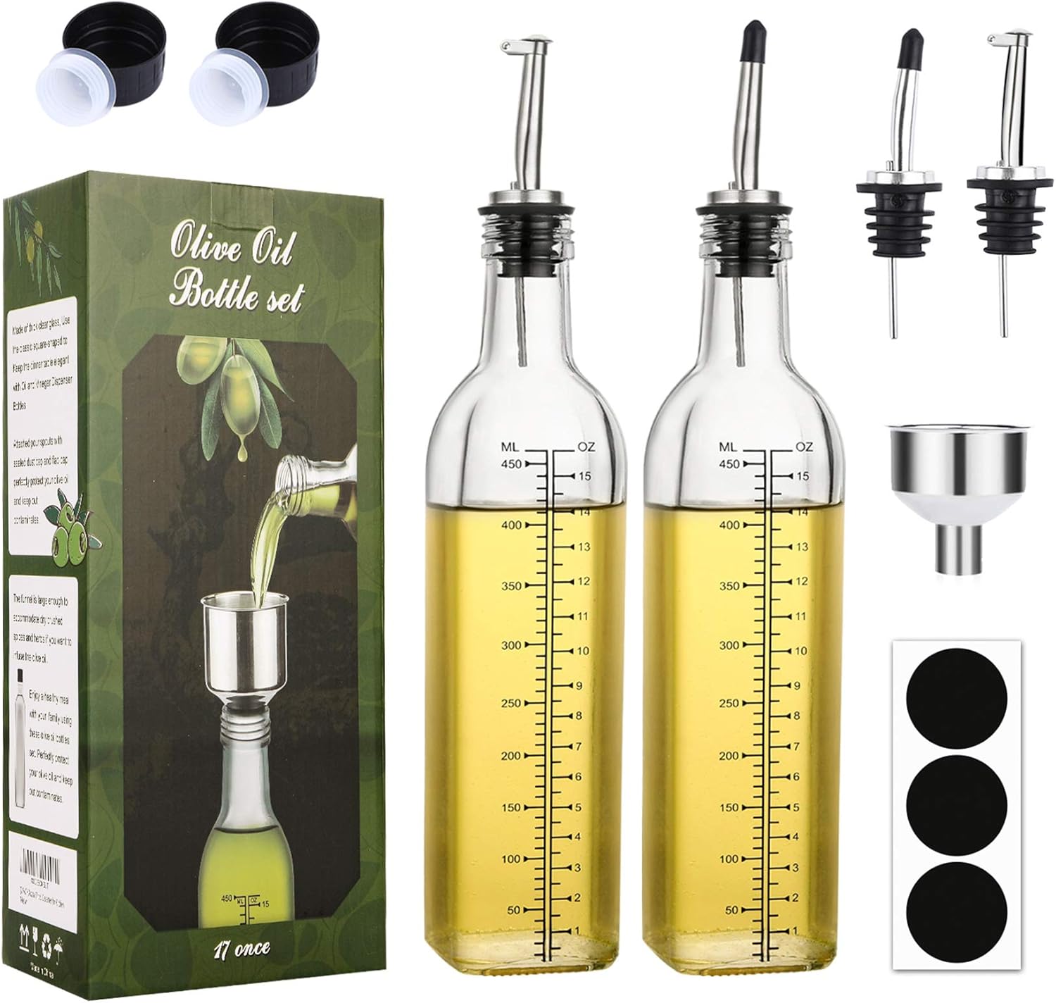 [2 PACK]Aozita 17 oz Glass Olive Oil Dispenser Bottle Set - 500ml Clear Oil & Vinegar Cruet Bottle with Pourers, Funnel and Labels - Olive Oil Carafe Decanter for Kitchen: Home Improvement