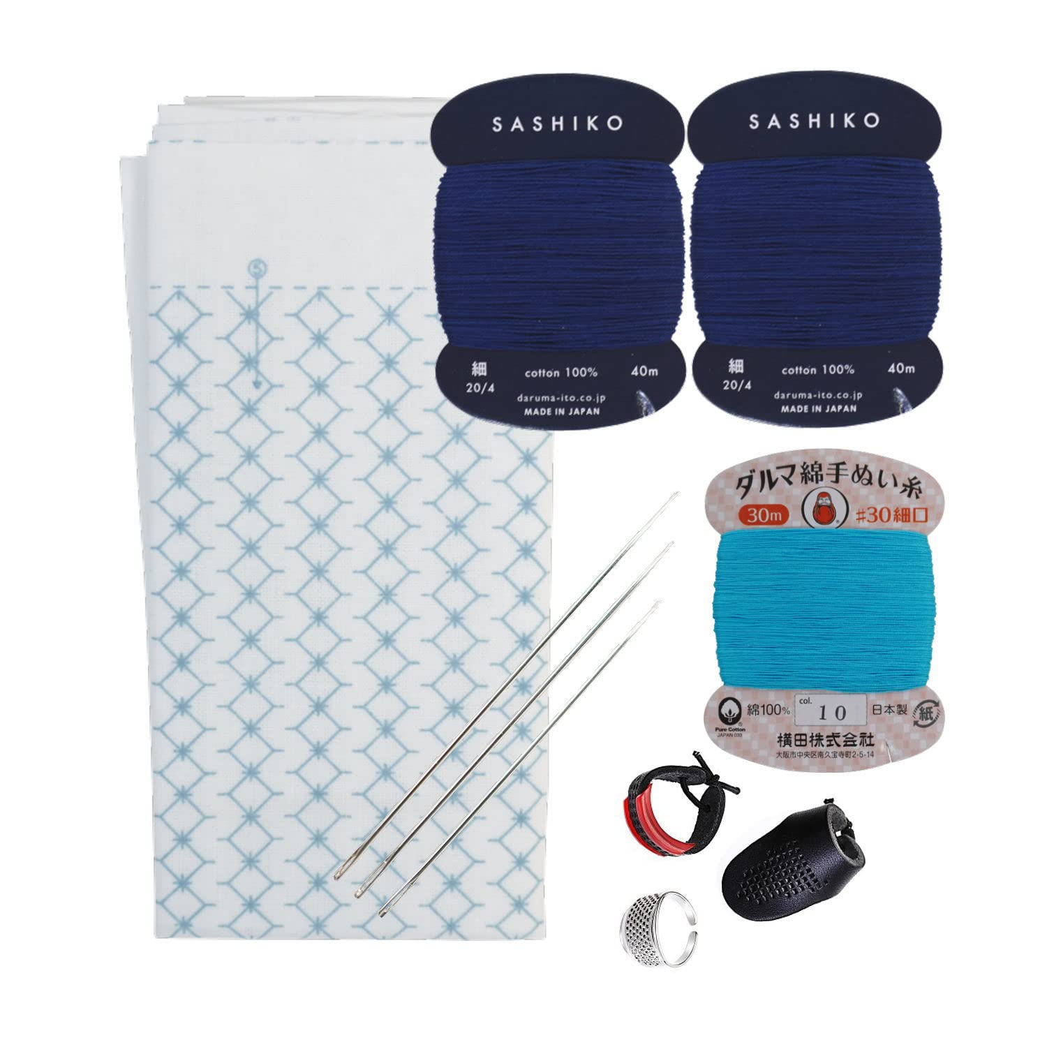 Photo 1 of ***MISSING PARTS***
Daruma Hitomezashi Sashiko Kit – Premium Japanese Made Needle and Thread Kit with Sashiko Fukin, Thread, Needles, Thimble – Ready to Use Set (Joined Diamond Pattern)