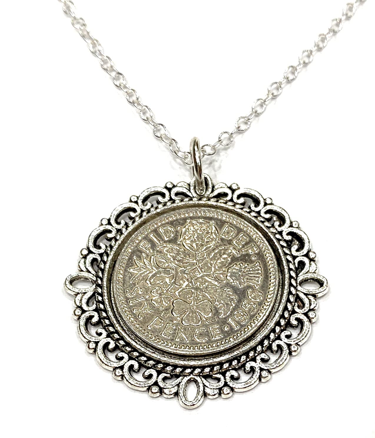 floral Fancy Pendant 1956 Lucky sixpence 69th Birthday plus a Sterling Silver 18in Chain