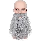 Yan Dream Men Long Curly Wizard Beard with Elastic Band Novelty Costume Facial Hair Cosplay Party Mustache (Grey)
