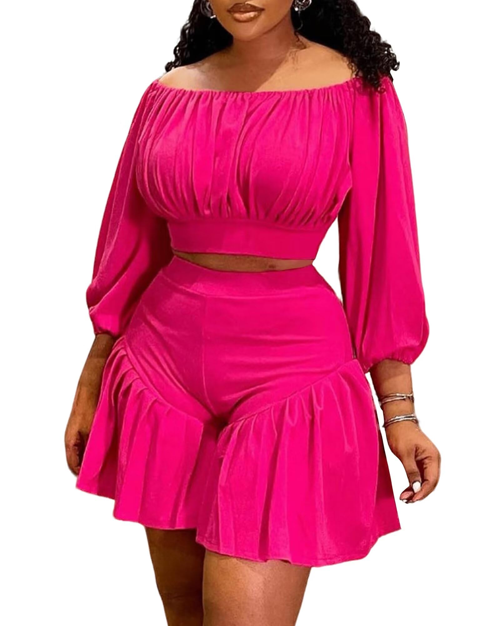 Photo 1 of 2 Piece Outfits for Women Plus Size Off Shoulder Lantern Sleeve Top Ruffle Shorts Vacation Matching Set Rose Red 4XL