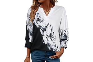 Blouse for Women 3/4 Length Sleeve Dressy Tops V Neck Casual Shirt with Smocked Cuffs(S-2XL)