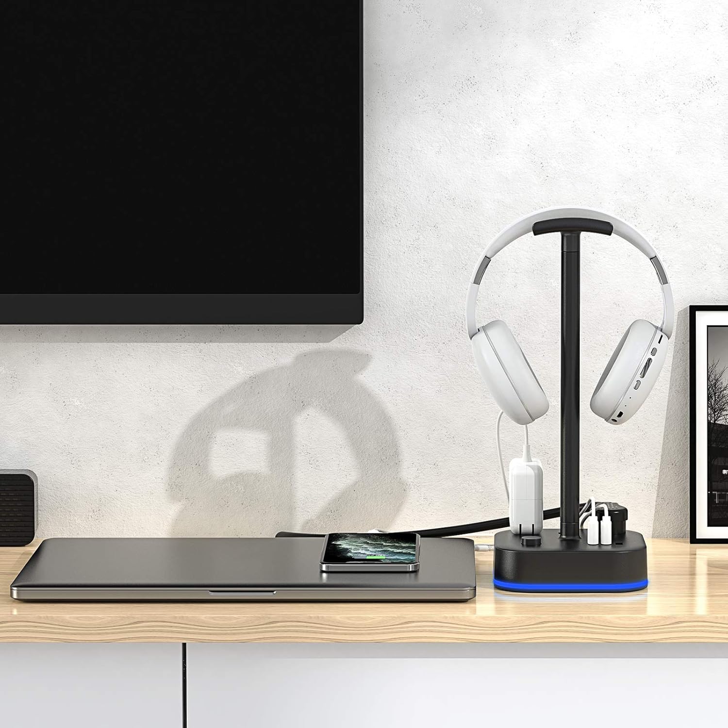 Gamenote RGB Headphone Stand & Power Strip 2 in 1 Desk Gaming Headset Holder with 3 USB Charging Ports and 3 Power Outlets Earphone Hanger Accessories for Desktop Gamer: Electronics