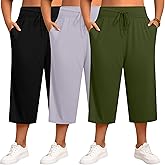 Neer 3 Pack Women's Capris Plus Size Yoga Lounge Pants Wide Leg High Waist Drawstring Cropped Sweatpants with Pockets