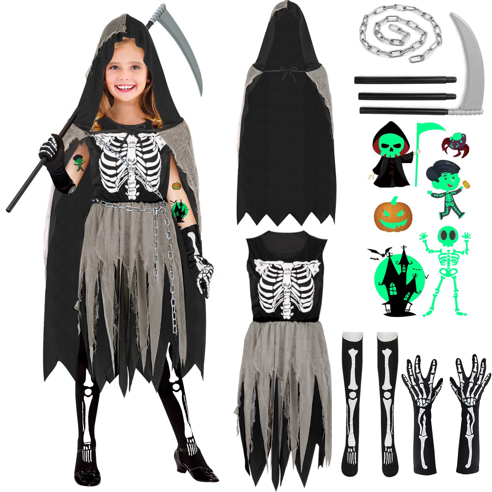 YADODO Grim Reaper Costume Kids Girls 8-9-10 with Scythe Chain Gloves Leg Sleeves Scary Halloween Grim Reaper Outfit Fancy Dress for Girls Skull Zombie Skeleton Death Costume for Kids Halloween — image 1