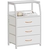 Furnulem White Nightstand with 3 Drawers and 2-Tier Shelf, Small Night Stand End Table Side Furniture, Fabric Storage Organizer for Bedroom, Closet, Hallway, Nursery, Sturdy Steel Frame, Wood Top